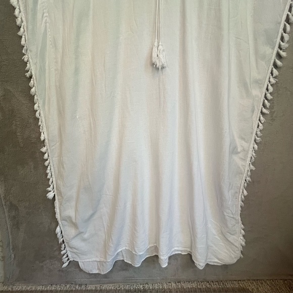 Peruvian Cotton Resortwear White Maxi Kaftan Cover Up Fringe Sz M Made in Peru - Picture 5 of 13